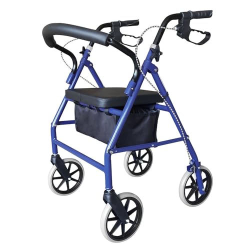 Lightweight Folding Mobility Aids, Mobility Walker Rollator 4 Wheel with Padded Seat, Lockable Brakes and Bag, Walking Frame for The Elderly or Disabled (Blue)