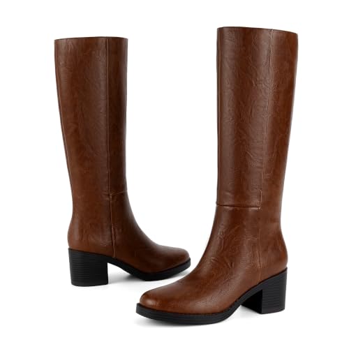 Image of Easyfox Womens Knee High Boots Chunky Low Heel Round Toe Tall Long Boots | Balanced Low Block Heel, Roomy Round Toe, Anti-slip Rubber Outsole, Fashion Heeled Dressy Fall Winter Long Boots for Women