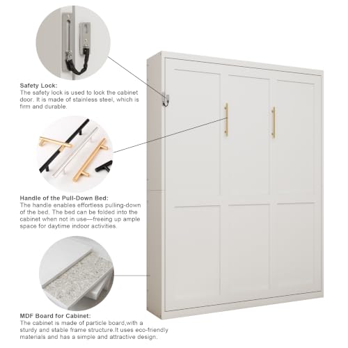 Image of KEIKI Queen Size Vertical Cabinet Murphy Bed with Solid Slats, White