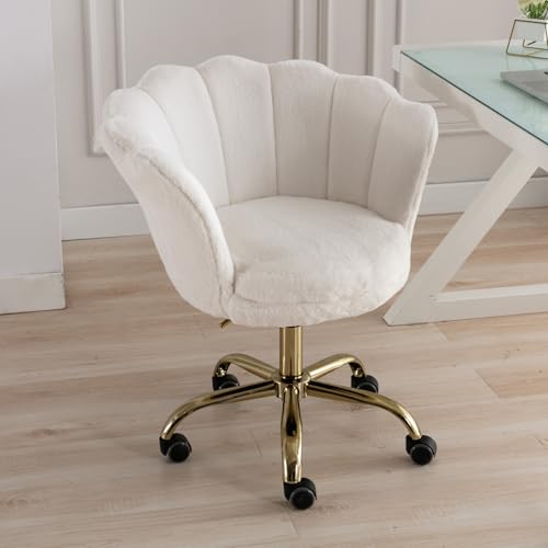 chairus Silla Escritorio de Lana Sintética Giratoria Silla Oficina Moderna con Patas Doradas,Silla Altura Ajustable Silla Despacho de Ordenador para Dormitorio/Tocador,Blanco