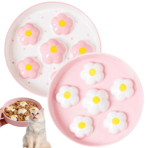 2er Set Anti Schling Napf Katze Keramik - Antischlingnapf Katze Im Blumen-Labyrinth Design - Slow Feeder Katzennapf Breit 16cm - Spülmaschinenfeste...