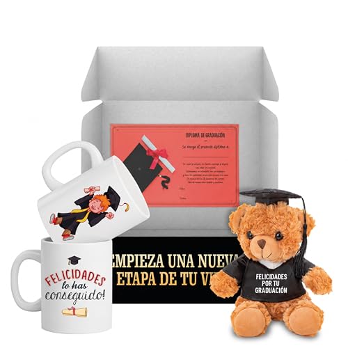 LINFORMAL Pack presente de graduação para criança, presente de graduação original com caneca de graduação e ursinho com t-shirt 'Feliz graduação', detalhe para graduação, ESO, Bacheifo, ou