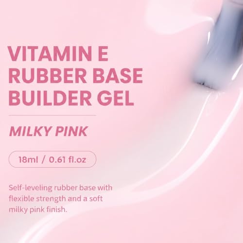 Image of AZUREBEAUTY 18ml Rubber Base Builder Gel Polish for Nails, Milky Pink Rubber Base Coat, Self-Leveling Apex Building Nail Strengthener, Long Lasting Soak Off UV LED for Thin Weak Brittle Nails