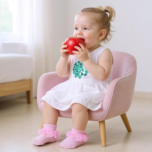 Pink & White Ruffle Socks Double Lace Ruffled Ankle Socks for Girls 2 Pairs Princess Eyelet Frilly Baptism Dress Sock Soft Newborn Sock for Autumn Winter Cute Photo Shoot Party Outfit Accessory3