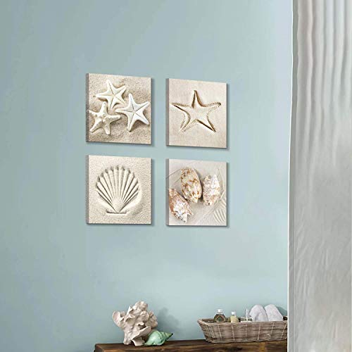Coastal Serene Canvas Wall Art: Shells On Beach Sand Giclee Print Painting For Wall Decor For Spa Room (12''X12''X4Pcs) #TOP3