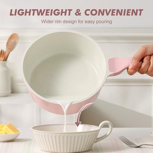 Image of SENSARTE White Ceramic Nonstick Saucepan with Lid 2.5 Quarts, Medium Cooking Pot with Stay Cool Handle, Induction Compatible Saucepot, White Granite Coating, Free of Intentionally Added PTFE /PFOA /PFAS