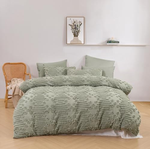 Dreamaker 100% Polyester Chenille Fletcher Ultrafine Soft Warm Tufted Velvety Contemporary Boho Duvet Quilt Cover Set Bedding Breathable Durable Comfy All Seasons - Sage (Queen Bed)