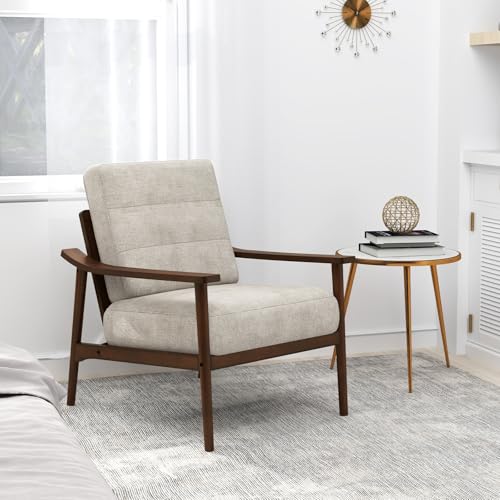 Image of Giantex Mid Century Modern Accent Chair, Max Load 440 LBS Upholstered Living Room Chair with Rubber Wood Armrests & Legs, Removable Back Cushion, Comfy Reading Arm Chair for Living Room, Bedroom