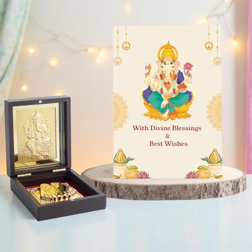 Image of GOLDEN PEACOCK Shri Ganesha Pooja Box with Divine Blessings Card - Spiritual Gift & Festive Decor