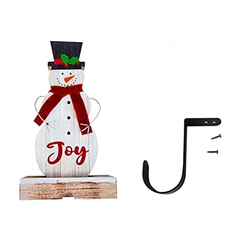 Rustic Wood Christmas Snowman Decorations with Stocking Hook, Christmas Stocking Holder for Mantel Fireplace Xmas Indoor Home Decor Snowman Figurine Table Top Decor Cover