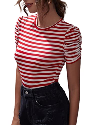 Lilycoco Women's Striped Short Puff Sleeve Slim Fit Round Neck Blouse Shirt Tops Red White X-Large #TOP2