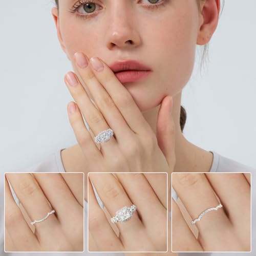 Image of moissanite 3 piece wedding ring set for Women,3CT Princess Cut Halo Bridal Set Wedding Bands S925 Sterling Silver with 18K White Gold Plated Engagement Anniversary Rings for Her Size 4.5-11