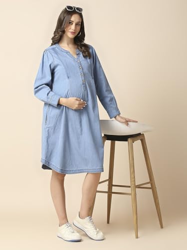 Image of MomToBe Women's Denim Maternity Dress with Zippers for Nursing Pre and Post Pregnancy