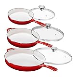 Bruntmor Enameled Cast Iron Skillet Set of 3-8, 10, and 12-Inch Non Stick Frying Pans with Tempered Glass Lids - Versatile Cast Iron Cookware Set for Casserole - Grill Pan for All Stovetops - Red