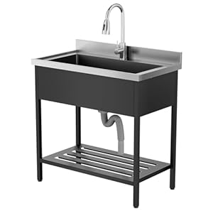 ROVSUN Stainless Steel Utility Sink, Free Standing with Faucet & Legs for Laundry Room, Kitchen, Restaurant, Garage, Outdoor Garden, Backyard, Industrial 20"D x 36"W x 35.5"H Black ROVSUN Stainless Steel Utility Sink Free Standing with Faucet Legs for Laundry Room Kitchen Restaurant Garage Outdoor Garden Backyard Industrial 20D x 36W x 355H Black