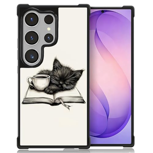 FKBRCL4U for Samsung Galaxy S26 Ultra Case,Graphic Design for Girl Boy Soft Silicone Hard Acrylic Shock Protection Designed for Samsung Galaxy S26 Ultra Cat Read Book Drink Coffee Pattern