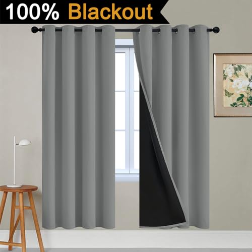 Image of Yakamok Dove Grey 100% Blackout Curtains 72 Inches Long 52 inch Wide 2 Panel | Blackout Curtain Panels for Bedroom, 2 Thick Layers Grommet Top Thermal Insulated Drapes with Black Liner for Living Room
