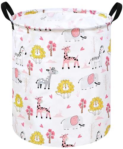 Image of Kids Laundry Hamper Clothes Gift Basket Storage Laundry Baskets Organizer Bin with Handles for Nursery Room (Pink Zoo)