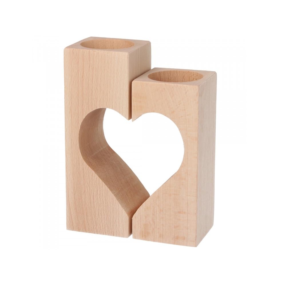 Wooden World Raw Wooden Candlestick Pair Making Up Shape Of Heart - Tea Light Holder Heart Shape
