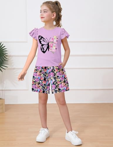 Image of mksodop Girls outfits 2-Piece ruffled short sleeve butterfly floral print high waist floral shorts girls summer clothes