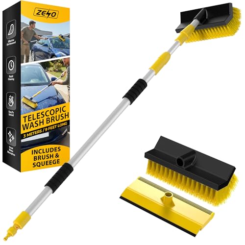 ZENO Telescopic Cleaning Brush | 3 Meter / 9 Feet Extending Window Cleaning Pole | Telescopic Window Cleaner | Washing Kit with Squeegee & Soft Bristle Brush | Ideal for Cars, Vans & Windows