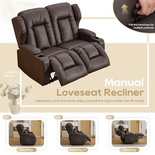 Image of IPKIG 54.2 inch RV Loveseat Recliner Sofa, Faux Leather Wall Hugger Reclining Chair with Cup Holder and Side Pockets, Home Theater Seating Manual Recliner for Living Room (Brown, Loveseat)