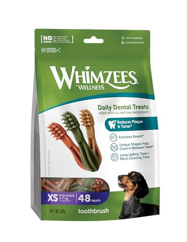 WHIMZEES Cepillos de Dientes XS, 48 Piezas – Talla XS, Golosinas par Perros Muy Pequeños, Naturales y Sin Cereales, Vegetarianas, Sin Azúcares Añadidos