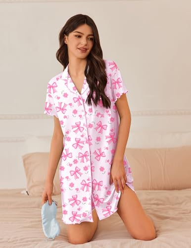Image of Ekouaer Nightgowns for Women Button Down Sleep Shirt Short Sleeve NightShirts Boyfriend Sleepdress Soft Pajama Dress