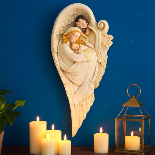 Image of DDSS DD-358 Holy Family of Mother Mary, Joseph, Jesus Christ Idol Statue Sculpture, Wall Hanging Home Decor in Poly Stone Ivory Marble Finish Size: 30cm X 15cm