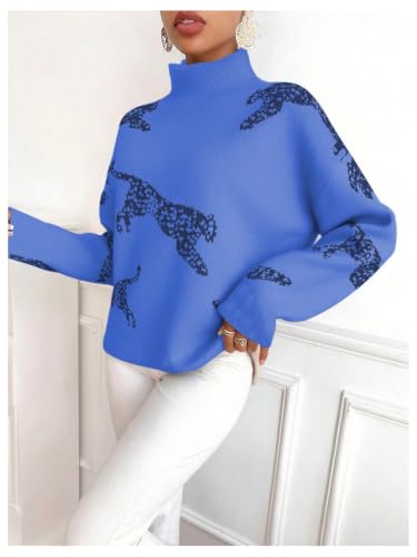 Image of WDIRARA Women's Leopard Tiger Print Sweater High Neck Long Sleeve Fuzzy Knitted Pullover Top