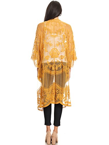 Anna-Kaci Sexy Lace Mesh Bikini Cover Up For Swimwear Women Embroidery Beach Kimono Cardigan Summer Resort Wear, Yellow, Onesize #TOP1