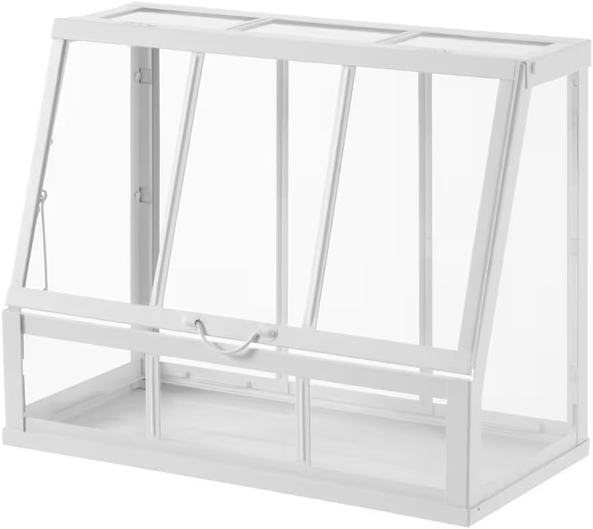 AKERBAR Greenhouse for Indoor Outdoor, Metal Frame with Glass Panels, Slanted Top Design (White, 17 ¾)