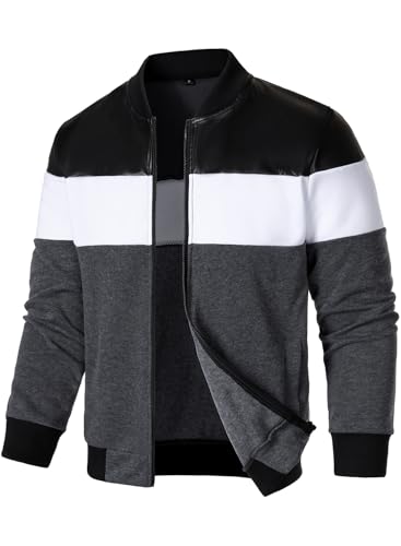 FANARCHER Mens Lightweight Bomber Jacket Casual Zipper Coat Color Block with Faux Leather Varsity Jacket