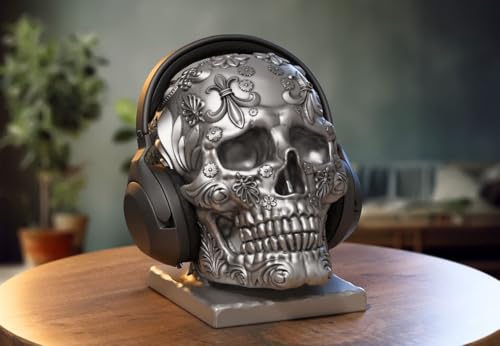 Image of Skull Headphone Stand Collection - 3D Printed Dragon, Cyborg & Scream Skull Headset Holders, Gothic & Fantasy Desk Accessories for Gaming and Office Setups, Durable PLA Display Stands (Grey, Cyborg Skull Headphone Stand)