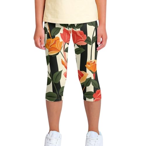 Kids Cute Print Summer Soft Outfits Striped Floral Rose Yoga Pants for Girls 6-7 Years Old Athletic Slim Fit Leggings Quick Dry Trouser Yoga Pants