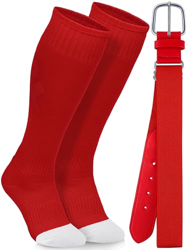 Gnodio Baseball Socks and Belt Combo Youth Boys Softball Football Socks and Elastic Baseball Belts for Boys Girls Red S