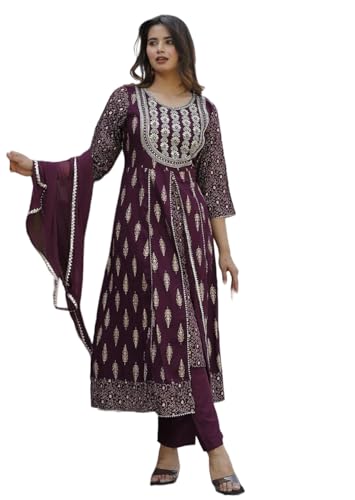 Image of Rayon Nayra Cut Embroidered Kurti Pant Set with Dupatta|Elegant Ethnic Wear for Party and Festive Occasions