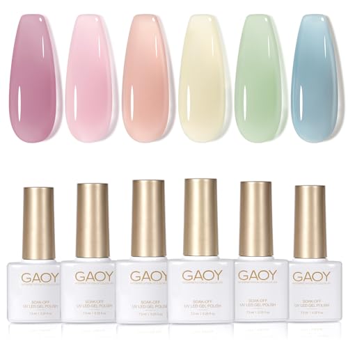Image of GAOY Jelly Green Spring Summer Gel Nail Polish Set, 6 Transparent Colors Sheer Blue Pink Nude Soak Off UV Light Cure Gel Polish Kit for Salon and Nail Art DIY at Home