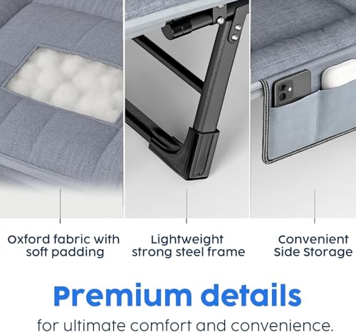 Image of DOLPHY Portable Folding Camping Cot Bed for Sleeping with Soft Cushion 6 Feet with Headrest 6-Position Adjustable Backrest & Side Pocket for Home,Office,Camping and Travel (Upto 100KG)