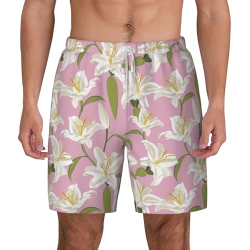 Lilies Flowers Light Pink Funny Men's Swim Trunks Board Shorts Quick Dry-