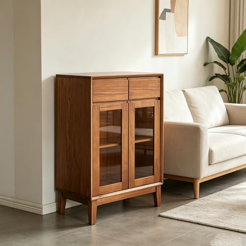 Aparador de Madera Maciza, Mueble de Salón con Elegantes Puertas de Cristal y Estantes Ajustables, Ideal para Uso en Cocina y Salón Doméstico(Natural)