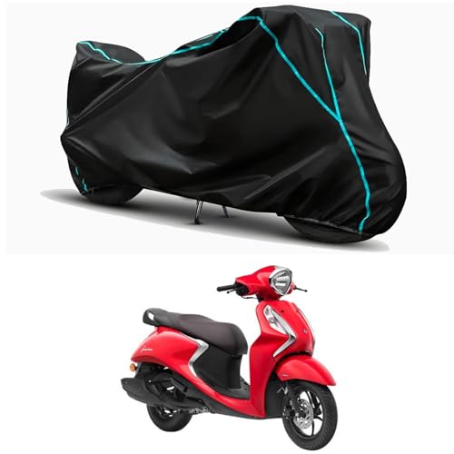 Image of Waterproof Bike Body Cover Compatible for | Yamaha Fascino 125 | Taffeta Fabric, Sky Piping Design, Bottom Elastic Fit | Dustproof, Sun UV & Rain Protection for All Weather.