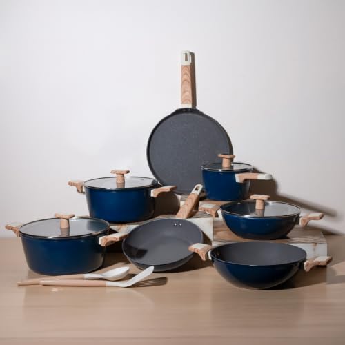 Image of Kreme Ceracook Ceramic Coated, Granite 13 Pc Cookware Set 2X Spatulas, ISI Certified Cookware Set, Forged, Gas & Induction Use, Non Toxic PFAS & PTFE Free, 1 Year Warranty, Ocean Deep Blue