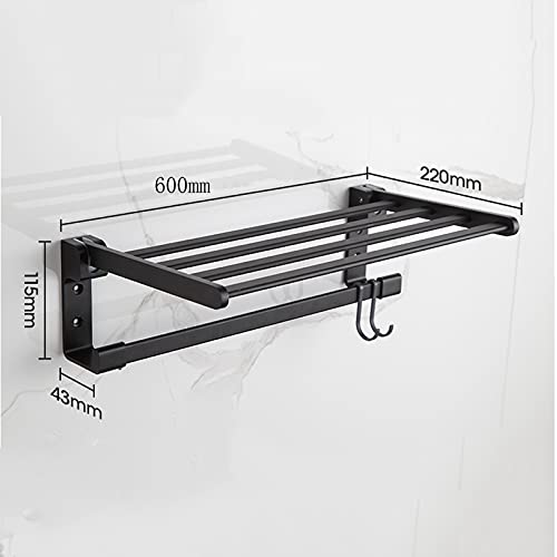 Porte-serviettes mural 60 cm en aluminium noir à deux niveaux avec barre pliable - 7