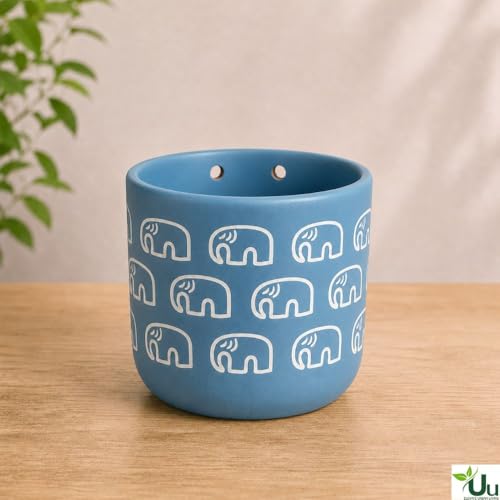 Image of Urban Upvan Elephant Printed Blue Terracotta Wall Planter - Premium Decorative Planter for Indoor & Outdoor Plants, Modern Elegant Flower Pot for Home, Garden & Office