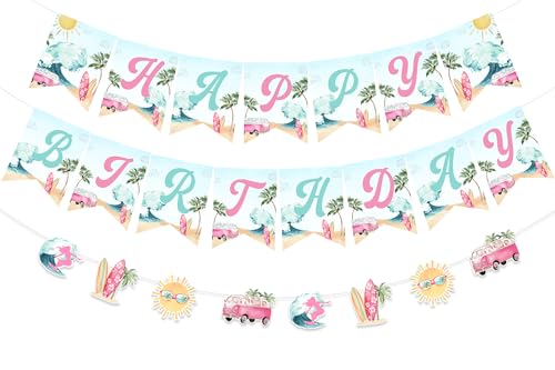 JOYMEMO Banner di buon compleanno con ghirlanda, decorazioni per feste di compleanno a tema surf per ragazze, forniture per feste di compleanno estive in spiaggia surf