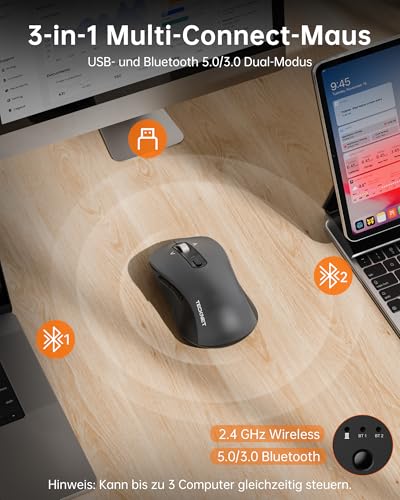 TECKNET Bluetooth Maus, Maus Kabellos (BT 5.0/3.0 + 2.4G), 4-Wege-Scrollrad Leise Funkmaus mit USB-A Empfänger, 4800 DPI Kabellose Mäuse, Ergonomische Computer Mouse für Laptop/PC/Mac/Tablet, Grau 4
