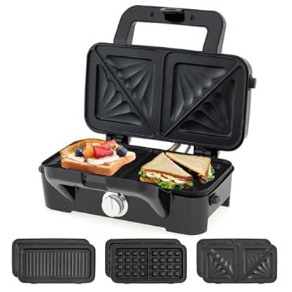 Foto di SOARS Tostapane 1200W, Piastra per Panini Sandwich Waffle 3 in 1, 5 Temperature Regolabili, Doppia Faccia, Piastra Grill Rimovibile e Lavabile, Protezione contro Surriscaldamento, Nero