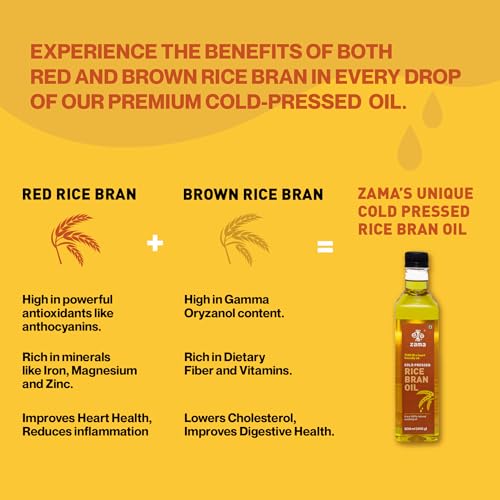 Image of Zama Cold Pressed Rice Bran Oil 500 Litre | Premium Cooking oil | Source of Good Fats | Vitamin E | Suitable for Stir Frying and Deep Frying | Naturally made, Farm Fresh oil contains Oryzanol | Improves Heart Health, Reduces Cholesterol