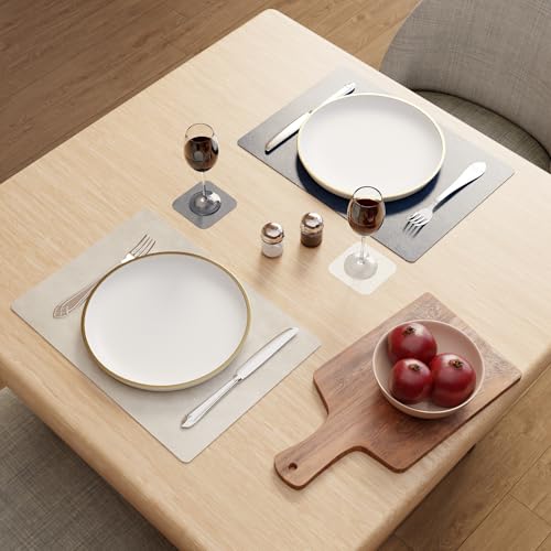Image of Encasa XO Leather Dining Table Mat Set of 2 + 2 Coasters, 42x30 & 9 cm | Water & Heat Resistant Double-Layer Dining Table Mats | Wipeable & Durable Grey & Blue Placemats for Dining Table